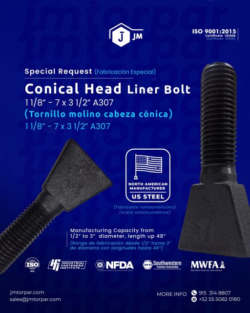 Special Manufacturing of Conical Head Liner Bolt 🔩, ideal for high-performance applications and made with US Steel 🇺🇸
📏 Dimensions: 1 1/8” – 7 x 3 1/2” A307
⚙️ Manufacturing capacity: from 1/2” up to 3” diameter and lengths up to 48”
We comply with ISO 9001:2015, ensuring quality and precision in every piece.
🌐 jmtorpar.com
📩 sales@jmtorpar.com
📞 +1 915 314 8807 | +52 55 5082 0180
#SpecialManufacturing #ConicalHeadBolt #USSteel #IndustrialFasteners #LinerBolt #CustomBolts #MachineryParts #BoltsAndNuts #EngineeringSolutions #ISO9001 #ManufacturingExcellence #IndustrialHardware