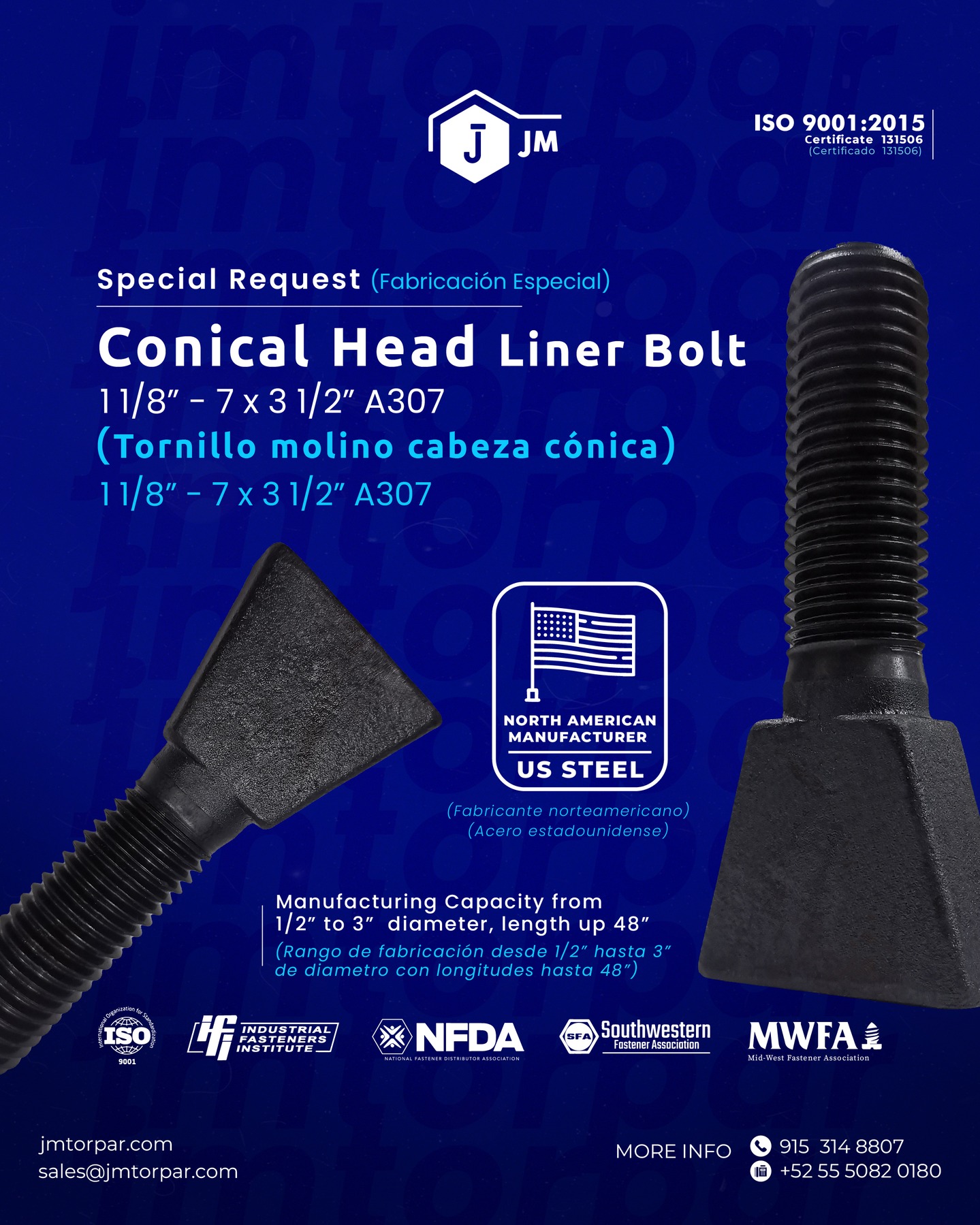 Special Manufacturing of Conical Head Liner Bolt 🔩, ideal for high-performance applications and made with US Steel 🇺🇸
📏 Dimensions: 1 1/8” – 7 x 3 1/2” A307
⚙️ Manufacturing capacity: from 1/2” up to 3” diameter and lengths up to 48”
We comply with ISO 9001:2015, ensuring quality and precision in every piece.
🌐 jmtorpar.com
📩 sales@jmtorpar.com
📞 +1 915 314 8807 | +52 55 5082 0180
#SpecialManufacturing #ConicalHeadBolt #USSteel #IndustrialFasteners #LinerBolt #CustomBolts #MachineryParts #BoltsAndNuts #EngineeringSolutions #ISO9001 #ManufacturingExcellence #IndustrialHardware