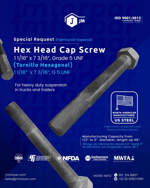 Special Request: Hex Head Cap Screw 🔩
Our custom made Grade 5 UNF Hex Head Cap Screws are designed for heavy duty suspension in trucks and trailers. Manufactured in North America with US Steel, we guarantee strength, precision, and reliability.
✅ Diameter: 1 1/16” x Length: 7 3/16”
✅ Manufacturing capacity: from 1/2” to 3” diameter, up to 48” length
✅ ISO 9001:2015 Certified
Trust JM Tor Par for special fastener solutions built to last.
#HexHeadCapScrew #HeavyDuty #Fasteners #USTeelfasteners #SpecialRequest #Grade5 #Trucks #Trailers #Suspension #Bolts #IndustrialFasteners #MadeInUSA #JMtorpar
