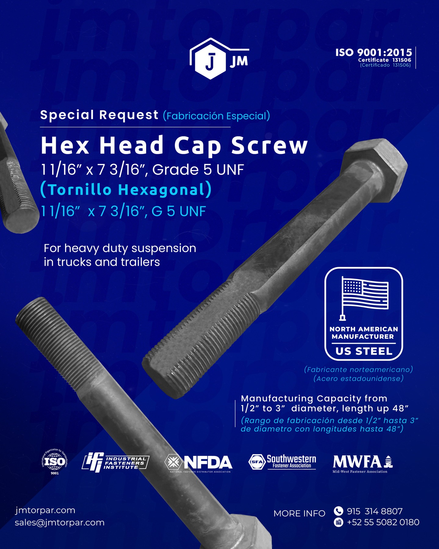 Special Request: Hex Head Cap Screw 🔩
Our custom made Grade 5 UNF Hex Head Cap Screws are designed for heavy duty suspension in trucks and trailers. Manufactured in North America with US Steel, we guarantee strength, precision, and reliability.
✅ Diameter: 1 1/16” x Length: 7 3/16”
✅ Manufacturing capacity: from 1/2” to 3” diameter, up to 48” length
✅ ISO 9001:2015 Certified
Trust JM Tor Par for special fastener solutions built to last.
#HexHeadCapScrew #HeavyDuty #Fasteners #USTeelfasteners #SpecialRequest #Grade5 #Trucks #Trailers #Suspension #Bolts #IndustrialFasteners #MadeInUSA #JMtorpar