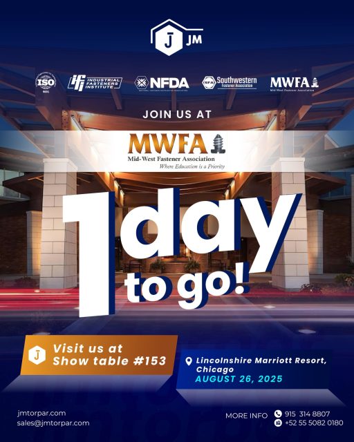 Just 1 day to go! 🔩
We’re excited to be part of the MWFA (Mid-West Fastener Association) event at the Lincolnshire Marriott Resort, Chicago.
Come visit us at Show Table #153 and discover our latest solutions!
📍 August 26, 2025 – Chicago, IL
#MWFA #Fasteners #Networking #ChicagoEvents #IndustrialSolutions #FastenerIndustry #BusinessGrowth #Innovation #JMTeam
