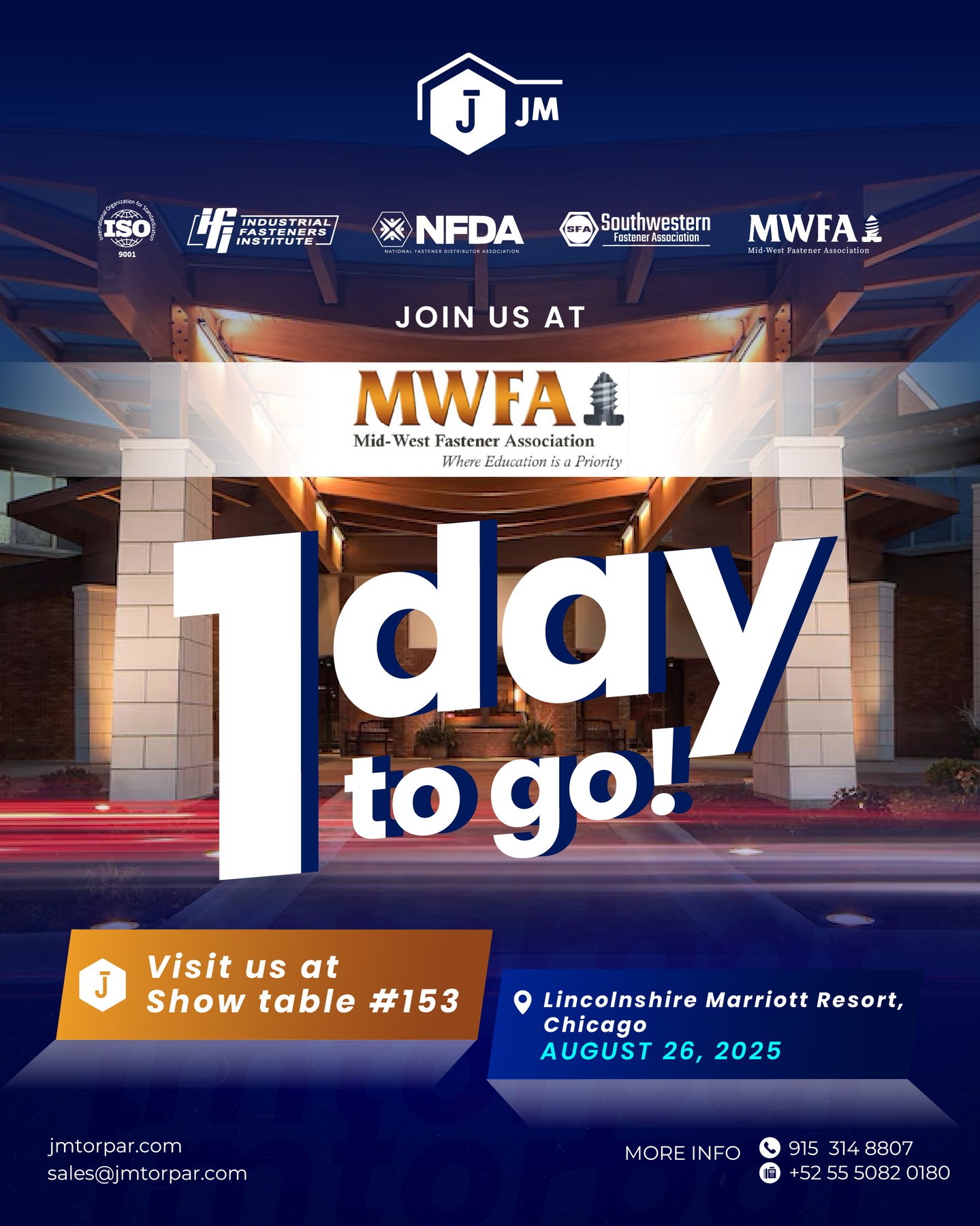 Just 1 day to go! 🔩
We’re excited to be part of the MWFA (Mid-West Fastener Association) event at the Lincolnshire Marriott Resort, Chicago.
Come visit us at Show Table #153 and discover our latest solutions!
📍 August 26, 2025 – Chicago, IL
#MWFA #Fasteners #Networking #ChicagoEvents #IndustrialSolutions #FastenerIndustry #BusinessGrowth #Innovation #JMTeam