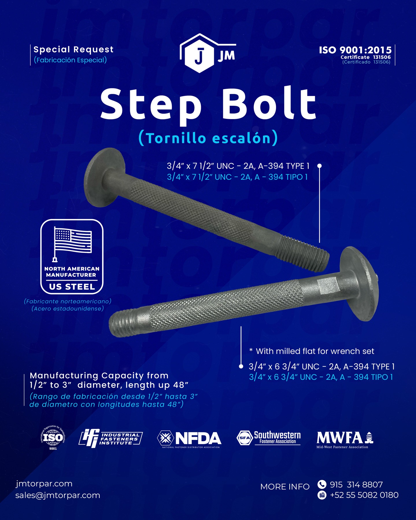 Need special request step bolts? 🔩
We produce to spec with North American manufacturing, US steel, and ISO 9001:2015 quality. 🇺🇸
From 1/2" to 3" diameter and lengths up to 48", including 3/4" x 7-1/2" and 3/4" x 6-3/4" UNC 2A with milled flats for wrench sets.
📩 Contact us today and see why we are the trusted partner in industrial fasteners.
🌐 jmtorpar.com
📩 sales@jmtorpar.com
📞 +1 915 314 8807 | +52 55 5082 0180
#StepBolt #CustomFabrication #HeavyDuty #A394Type1 #Manufacturing #Quality #OEM #Utilities #Construction #Mechanical