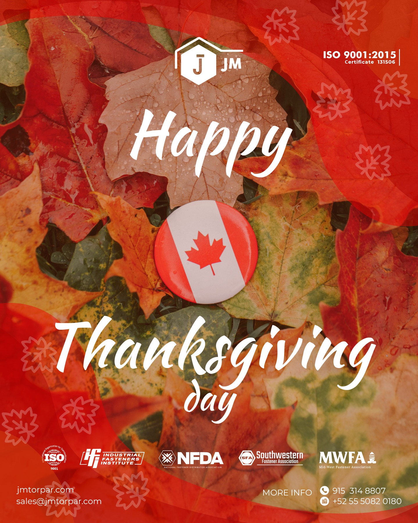 🍁 Happy Thanksgiving Day!
We join in celebrating this special day, filled with gratitude and appreciation.
May your Thanksgiving be full of joy, meaningful moments, and reasons to be thankful.
We truly value the trust and collaboration that connect us every day.
#HappyThanksgiving #ThanksgivingDay #Gratitude #Solidarity #JMtorpar #QualityFasteners #ISO9001 #GlobalPartnerships #Thankful