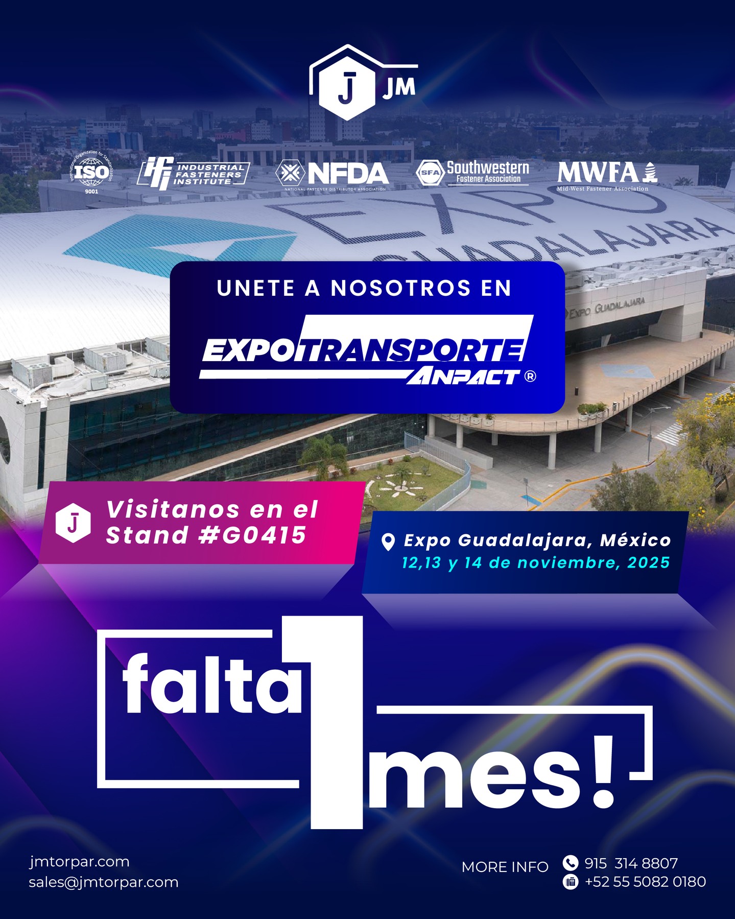 ¡Acompáñanos en @expotransporte_anpact 2025!
¡Falta solo 1 mes para el evento más importante del transporte y logística en México!
Visítanos en el Stand #G0415 en Expo Guadalajara del 12 al 14 de noviembre de 2025.
Conectemos, compartamos ideas y descubramos nuevas oportunidades juntos.
📍 Guadalajara, México
📅 12, 13 y 14 de noviembre de 2025
💬 Más información: sales@jmtorpar.com
#ExpoTransporte2025 #JMFasteners #JMtorpar #GuadalajaraExpo #IndustriaDelTransporte #Fijadores #Innovación #Networking #Falta1Mes #NosVemosAllí #ANPACT #ExpoGuadalajara #JMTeam
