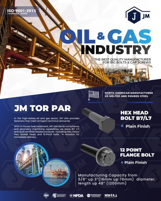 🔩 At JM Tor Par, we are your trusted partner in the Oil & Gas industry 
We manufacture high-strength bolts and cap screws (B7/L7) using US melted and poured steel, meeting the highest international quality standards and certifications.
✅ Manufacturing range from 5/8” to 3” in diameter
✅ Lengths up to 48”
✅ In-house heat treatment and full API compliance
✅ Immediate delivery from Houston
Rely on JM USA for your most demanding projects. 💪
#JMTorPar #OilAndGas #Fasteners #IndustrialBolts #HighStrengthBolts #Manufacturing #Engineering #B7 #L7 #Houston #MadeInUSA #Quality #ISO9001