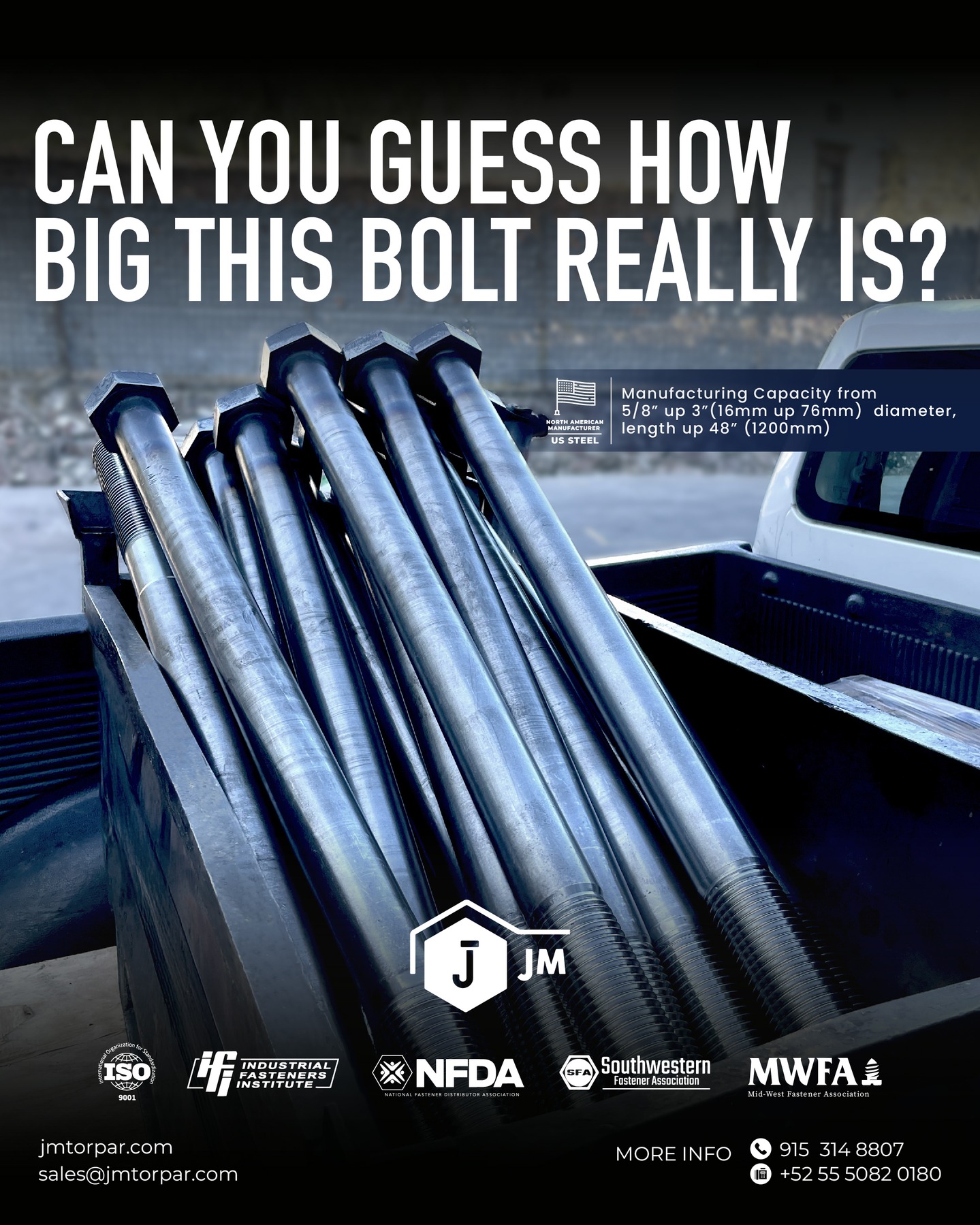 Power, precision, and performance that’s what defines JM Torpar bolts. 🔩
We manufacture large diameter, high strength bolts made from 100% North American steel, ensuring reliability for the most demanding industrial applications.
Our manufacturing capacity ranges from 5/8” up to 3” (16mm to 76mm) in diameter and up to 48” (1200mm) in length, all produced under the highest quality standards.
📩 Contact us today to learn more!
🌐 jmtorpar.com
📧 sales@jmtorpar.com
#JMTorpar #Fasteners #Bolts #HeavyDutyBolts #IndustrialStrength #MadeInUSA #SteelBolts #Manufacturing #Engineering #Construction #USSteel #IndustrialSolutions #QualityYouCanTrust #CustomBolts