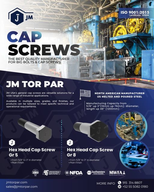Looking for the best quality in big bolts and cap screws? 🔩
At JM TOR PAR, we manufacture high-performance cap screws made in North America, using US melted and poured steel.

Our products are designed to meet demanding industrial and technical requirements, available in multiple grades, sizes, and finishes.
✅ ISO 9001:2015 Certified
✅ Manufacturing capacity: from 5/8” up to 3” (16 mm to 76 mm) in diameter, and up to 48” (1200 mm) in length
✅ Hex Head Cap Screws Grades 5 & 8
Discover reliability, precision, and strength all in one bolt.

📩 Contact us today to learn more!
🌐 jmtorpar.com
📧 sales@jmtorpar.com

#CapScrews #Bolts #Fasteners #IndustrialManufacturing #MadeInUSA #QualityEngineering #HeavyIndustry #SteelManufacturing #HexHead #ISO9001 #JMTorPar #USManufacturing #EngineeringExcellence