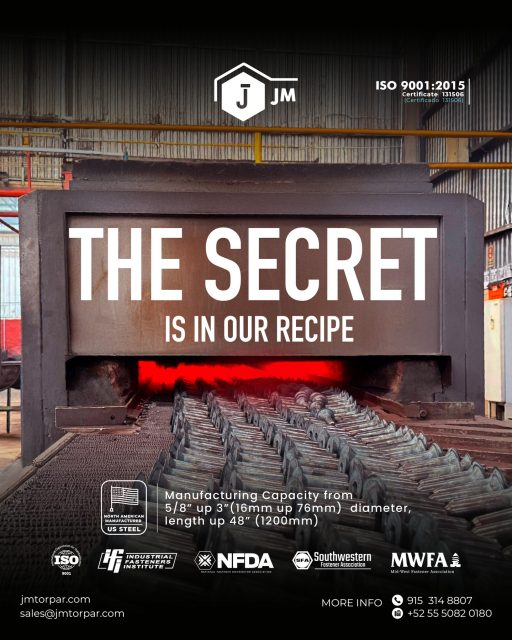 🔥 The secret is in our recipe.
At JM Torpar, precision, quality, and consistency are forged into every product we manufacture.
We deliver excellence you can trust — from 5/8" up to 3" diameter and up to 48" length.
Because in our industry, details make the difference.
#JMtorpar #IndustrialStrength #Fasteners #USSteel #MadeToLast #ManufacturingExcellence #PrecisionEngineering #HeatTreatment #MetalForging #QualityFirst #NFDA #MWFA #ISFA #IndustrialFasteners