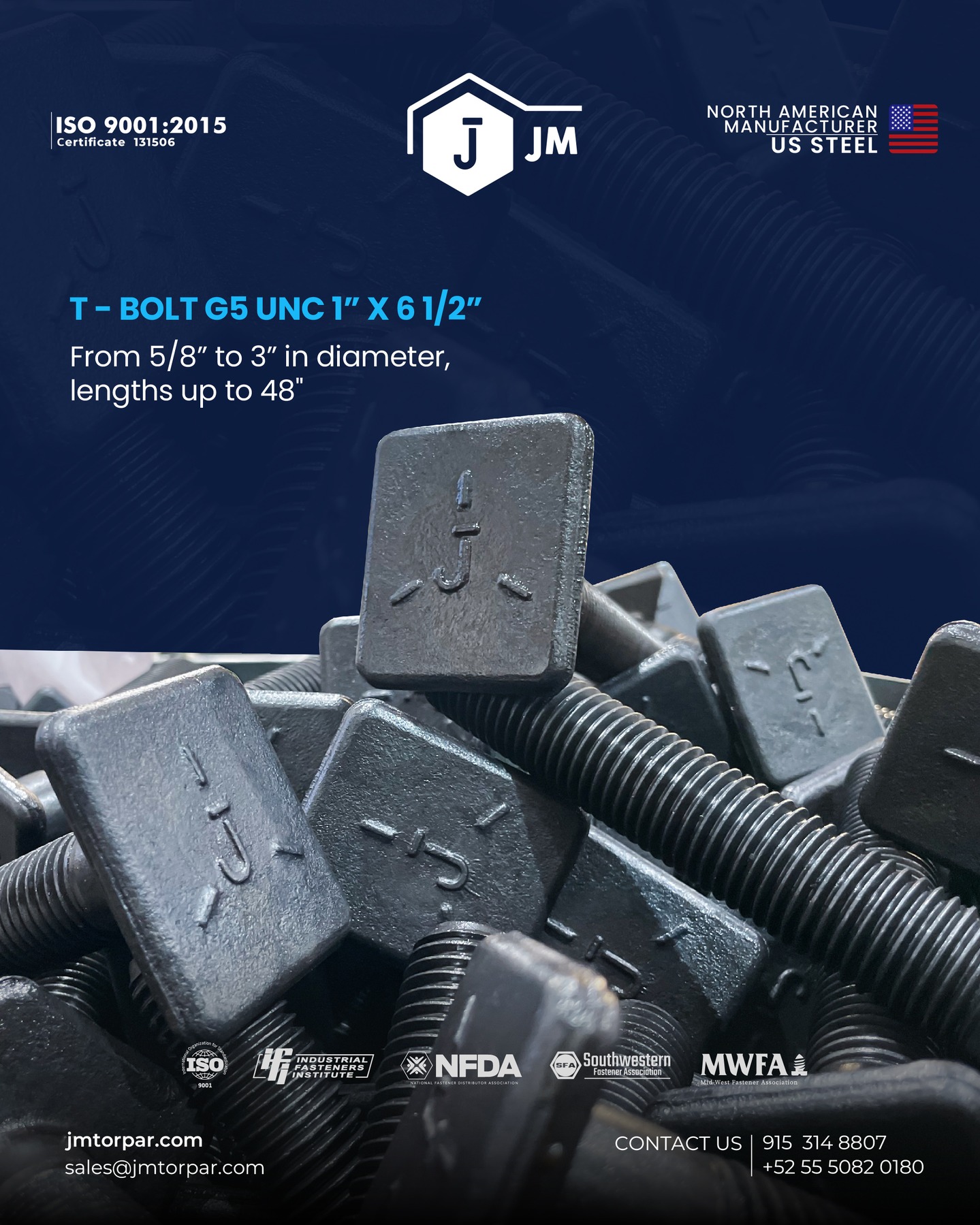 Built for strength, precision, and reliability.
Our T-Bolt G5 UNC 1” x 6 1/2”, manufactured with US steel and ISO 9001:2015 certified, delivers consistent performance for demanding industrial applications.
Available from 5/8” to 3” in diameter and lengths up to 48”, engineered to meet your toughest requirements.

📩 Contact us today!
🌐 jmtorpar.com
📧 sales@jmtorpar.com

#TBolt #IndustrialFasteners #USSteel #ISO9001 #Manufacturing #HeavyDuty #SteelProducts #FastenerSolutions #Engineering #Construction #IndustrialSupply #QualitySteel