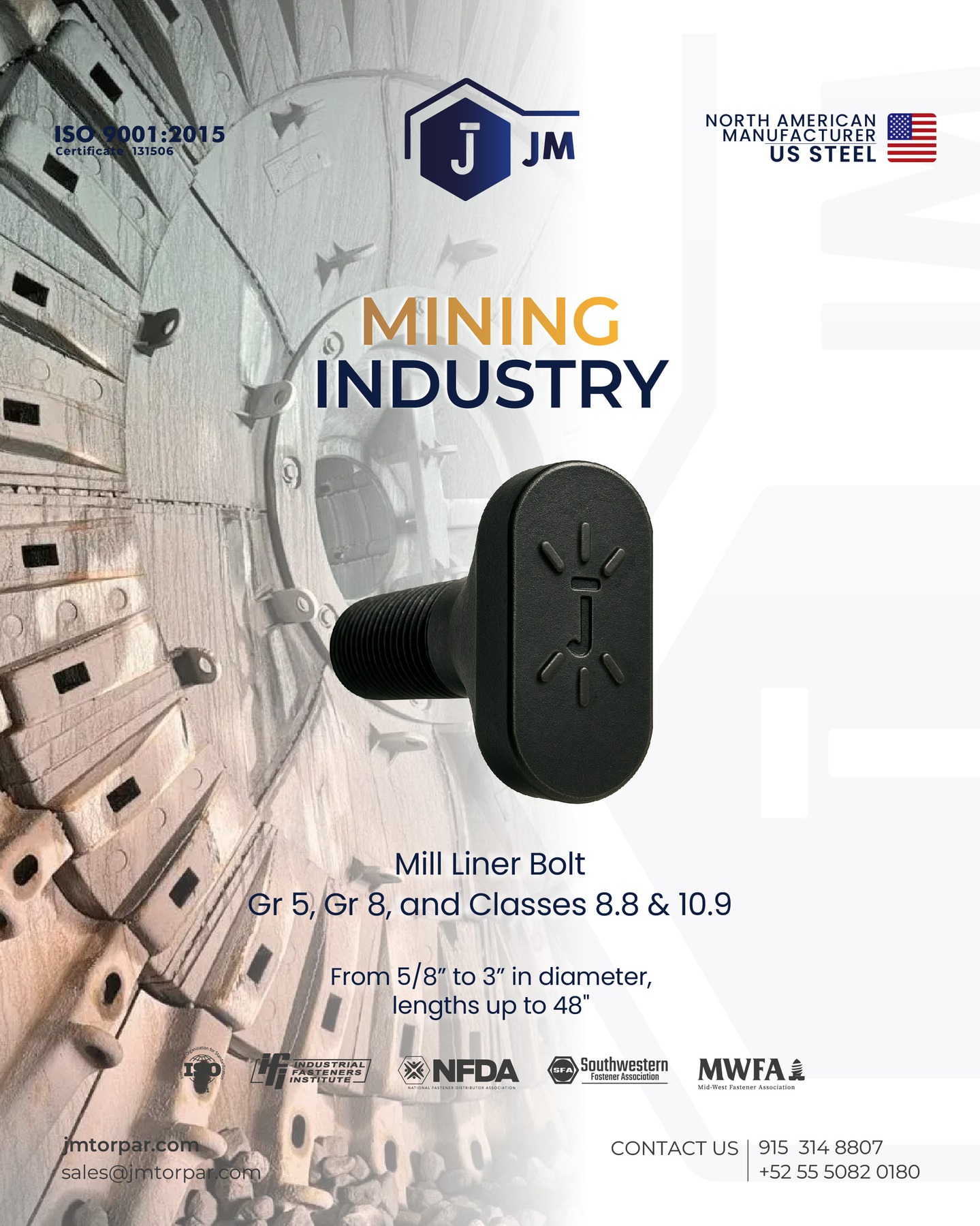 Built to perform in the most demanding mining environments.
Our Mill Liner Bolts deliver strength, reliability, and precision for heavy-duty applications.
Manufactured in Grade 5, Grade 8, and Classes 8.8 & 10.9, with diameters from 5/8” to 3” and lengths up to 48”.
Quality you can trust. Performance that lasts.

📩 Contact us today!
🌐 jmtorpar.com
📧 sales@jmtorpar.com

#MiningIndustry #MillLinerBolt #MiningEquipment #HeavyDutyFasteners #IndustrialBolting #MiningSolutions #SteelManufacturing #USSteel #ISO9001 #Reliability #JM #IndustrialEngineering