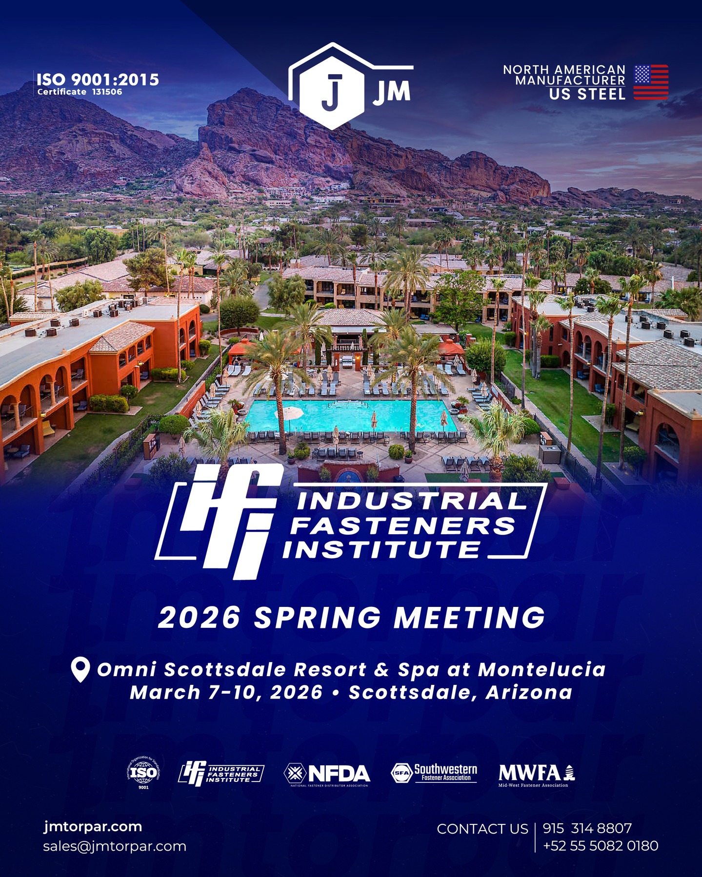 📅 JM TOR Fasteners will be attending the IFI Spring Meeting 2026 in Scottsdale, Arizona.
📍 Omni Scottsdale Resort & Spa at Montelucia
🗓 March 7–10, 2026
Looking forward to connecting with industry leaders and partners.