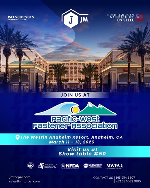 We’re excited to attend the Pacific-West Fastener Association Spring Conference & Tabletop Show 2026.

📍 The Westin Anaheim Resort, Anaheim, CA
📅 March 11–13, 2026

Stop by Show Table #50 to connect with the JM Torpar team and learn more about our fastener solutions.

We look forward to seeing you there!