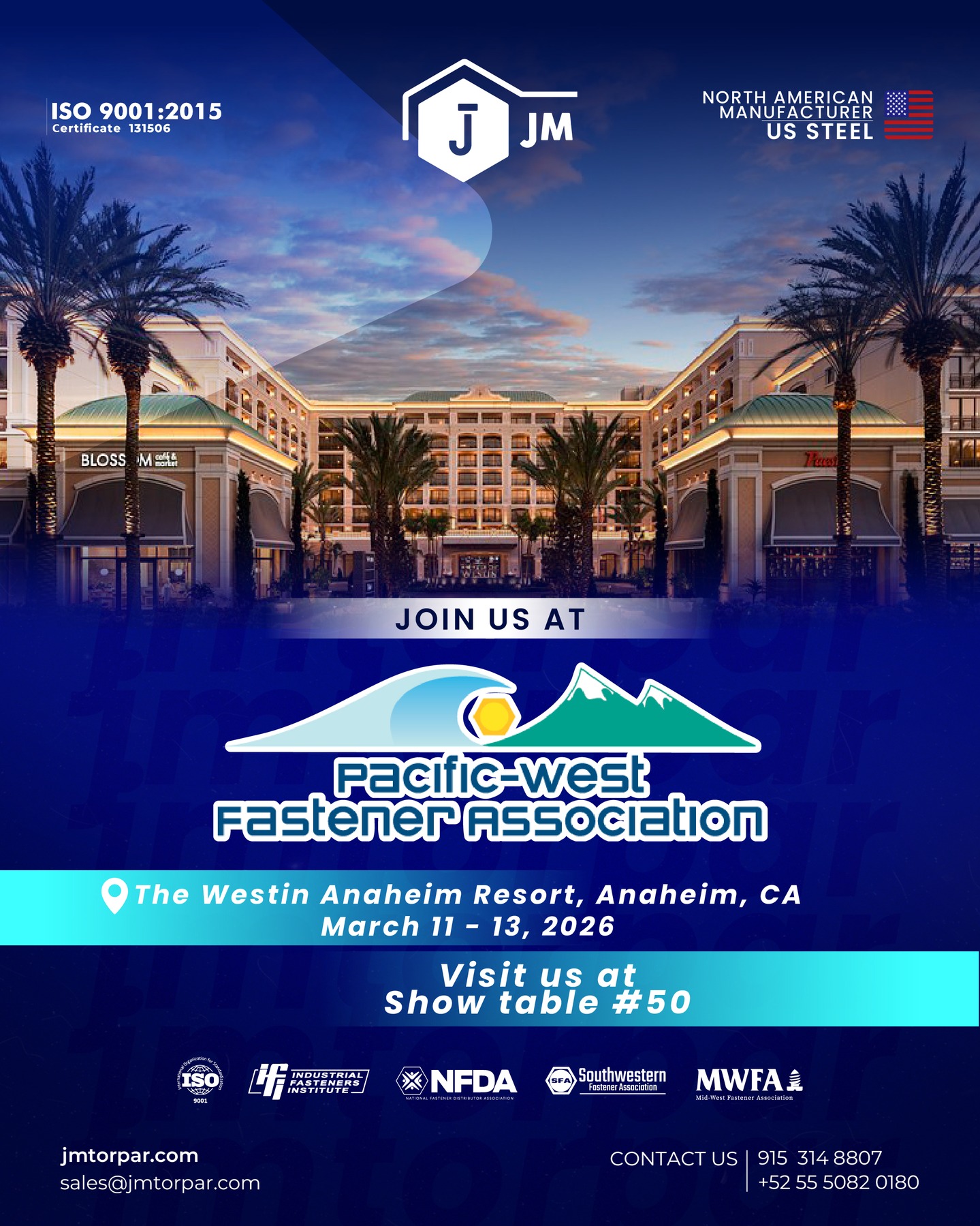 We’re excited to attend the Pacific-West Fastener Association Spring Conference & Tabletop Show 2026.

📍 The Westin Anaheim Resort, Anaheim, CA
📅 March 11–13, 2026

Stop by Show Table #50 to connect with the JM Torpar team and learn more about our fastener solutions.

We look forward to seeing you there!