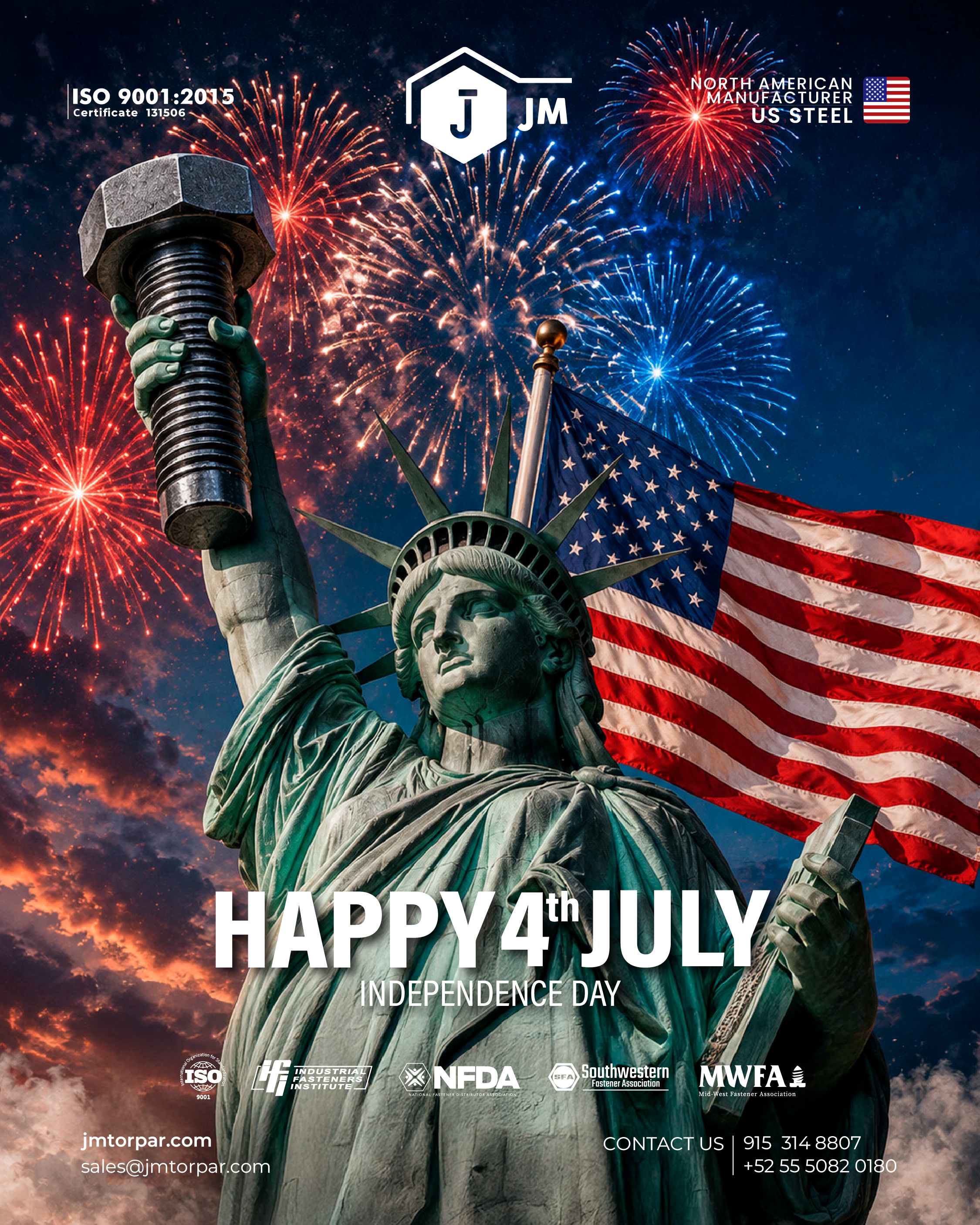 Happy 4th of July! 🇺🇸
Celebrating 250 years of American Independence.
Today we honor the values of freedom, resilience, and innovation that have shaped the nation for two and a half centuries.
From all of us at JM, we wish our customers, partners, and friends a safe and memorable Independence Day.
#America250 #FourthOfJuly #IndependenceDay #MadeInUSA #USSteel #Manufacturing #Fasteners
