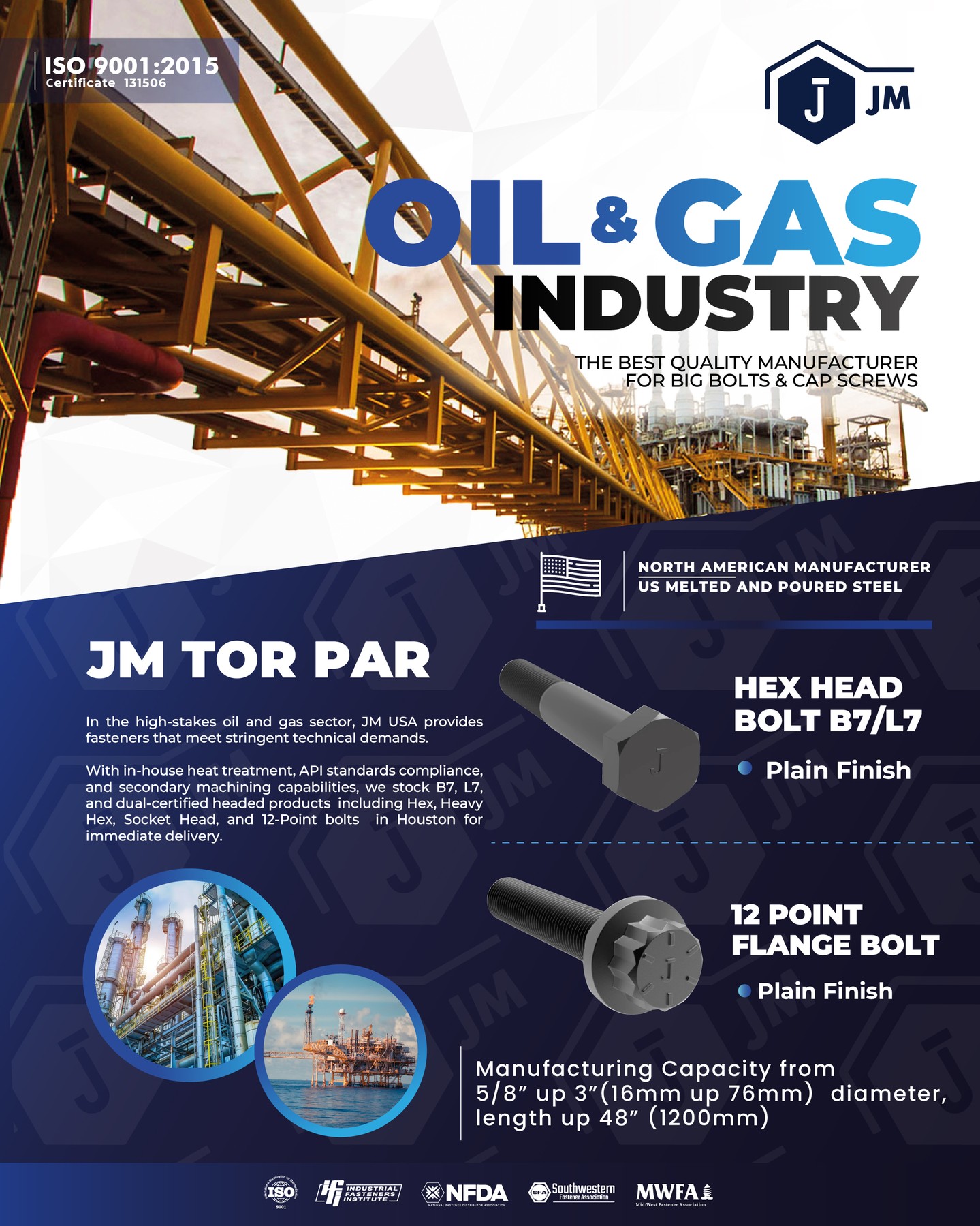 π© At JM Tor Par, we are your trusted partner in the Oil & Gas industry
We manufacture high-strength bolts and cap screws (B7/L7) using US melted and poured steel, meeting the highest international quality standards and certifications.
β
Manufacturing range from 5/8β to 3β in diameter
β
Lengths up to 48β
β
In-house heat treatment and full API compliance
β
Immediate delivery from Houston
Rely on JM USA for your most demanding projects. πͺ
#JMTorPar #OilAndGas #Fasteners #IndustrialBolts #HighStrengthBolts #Manufacturing #Engineering #B7 #L7 #Houston #MadeInUSA #Quality #ISO9001