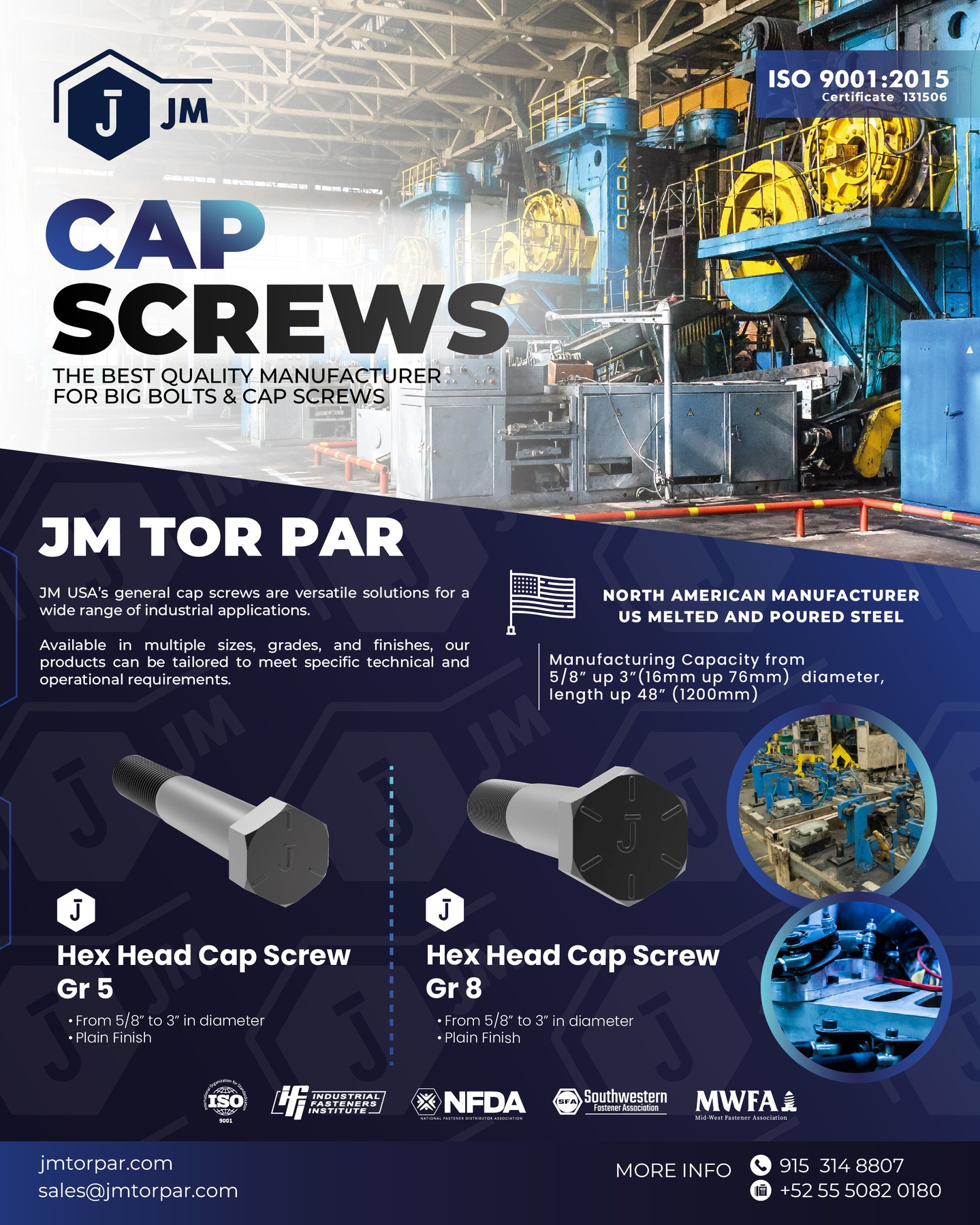 Looking for the best quality in big bolts and cap screws? 🔩
At JM TOR PAR, we manufacture high-performance cap screws made in North America, using US melted and poured steel.
Our products are designed to meet demanding industrial and technical requirements, available in multiple grades, sizes, and finishes.
✅ ISO 9001:2015 Certified
✅ Manufacturing capacity: from 5/8” up to 3” (16 mm to 76 mm) in diameter, and up to 48” (1200 mm) in length
✅ Hex Head Cap Screws Grades 5 & 8
Discover reliability, precision, and strength all in one bolt.
📩 Contact us today to learn more!
🌐 jmtorpar.com
📧 sales@jmtorpar.com
#CapScrews #Bolts #Fasteners #IndustrialManufacturing #MadeInUSA #QualityEngineering #HeavyIndustry #SteelManufacturing #HexHead #ISO9001 #JMTorPar #USManufacturing #EngineeringExcellence