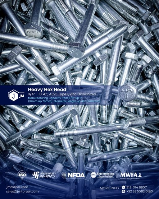 Power, precision, and performance that’s what defines JM Tor Par Heavy Hex Head bolts. 🔩

Our A325 Type 1 zinc-galvanized bolts are engineered for high-strength structural applications, delivering reliability in the toughest industrial environments.
We manufacture large-diameter bolts using premium North American steel, with capacities from 5/8” to 3” (16–76 mm)and lengths up to 48” (1200 mm).
📩 Contact us today!
🌐 jmtorpar.com
📧 sales@jmtorpar.com

#JMTorpar #Fasteners #Bolts #HeavyHexBolts #A325Bolts #IndustrialStrength #Manufacturing #Engineering #Construction #QualityYouCanTrust #CustomBolts
