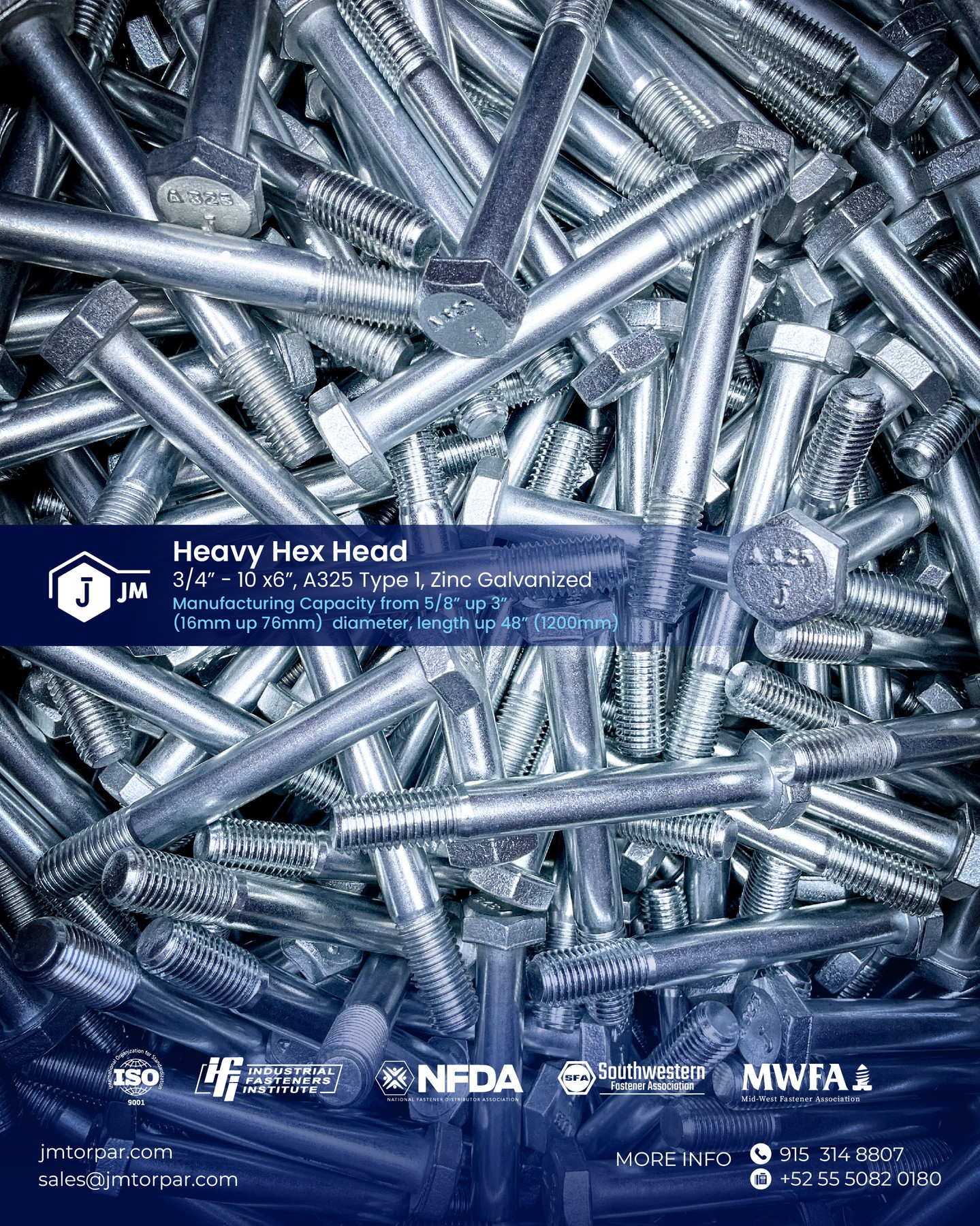 Power, precision, and performance that’s what defines JM Tor Par Heavy Hex Head bolts. 🔩

Our A325 Type 1 zinc-galvanized bolts are engineered for high-strength structural applications, delivering reliability in the toughest industrial environments.
We manufacture large-diameter bolts using premium North American steel, with capacities from 5/8” to 3” (16–76 mm)and lengths up to 48” (1200 mm).
📩 Contact us today!
🌐 jmtorpar.com
📧 sales@jmtorpar.com

#JMTorpar #Fasteners #Bolts #HeavyHexBolts #A325Bolts #IndustrialStrength #Manufacturing #Engineering #Construction #QualityYouCanTrust #CustomBolts