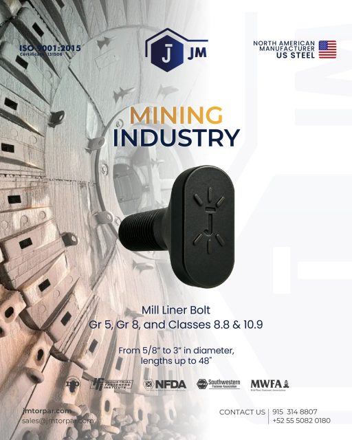 Built to perform in the most demanding mining environments.
Our Mill Liner Bolts deliver strength, reliability, and precision for heavy-duty applications.
Manufactured in Grade 5, Grade 8, and Classes 8.8 & 10.9, with diameters from 5/8” to 3” and lengths up to 48”.
Quality you can trust. Performance that lasts.

📩 Contact us today!
🌐 jmtorpar.com
📧 sales@jmtorpar.com

#MiningIndustry #MillLinerBolt #MiningEquipment #HeavyDutyFasteners #IndustrialBolting #MiningSolutions #SteelManufacturing #USSteel #ISO9001 #Reliability #JM #IndustrialEngineering